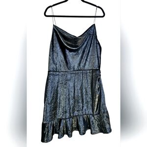 Leyden Black Shimmery Ruffle Spagetti Strap Cowl Neck Midi Dress Stretchy Ruched